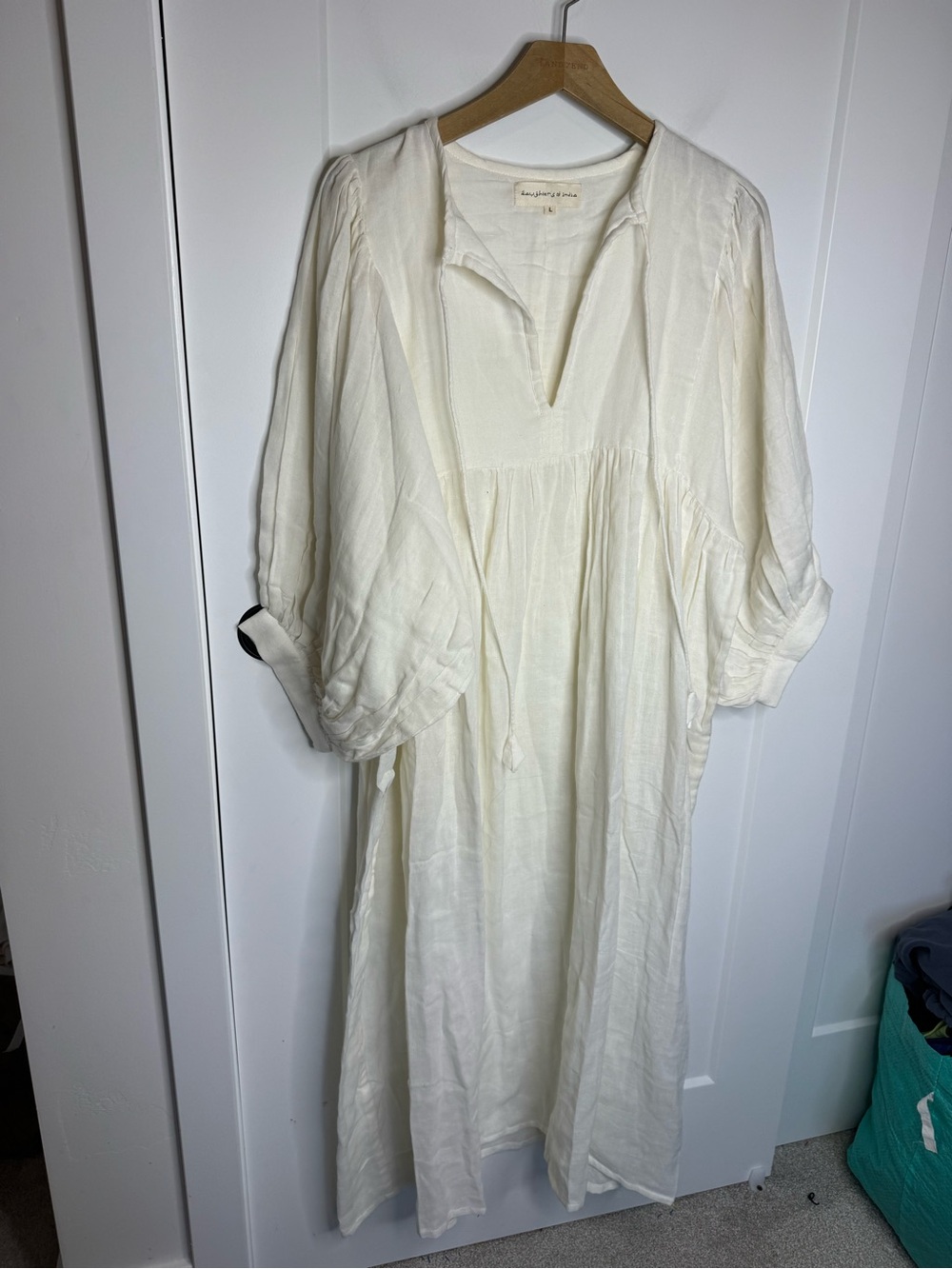 Daughters Of India Kyra Ivory White Puff Sleeve Boho Flowy Midi Dress Size Large - Picture 2 of 7